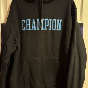 Champion Black Hoodie with Blue Plaid text